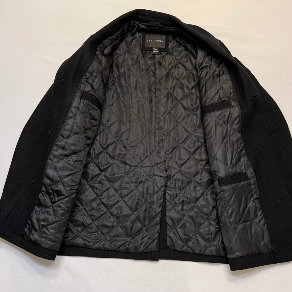 Structure Men's Black Clean Minimal Dark Academia Wool Blend Quilted Coat Size M